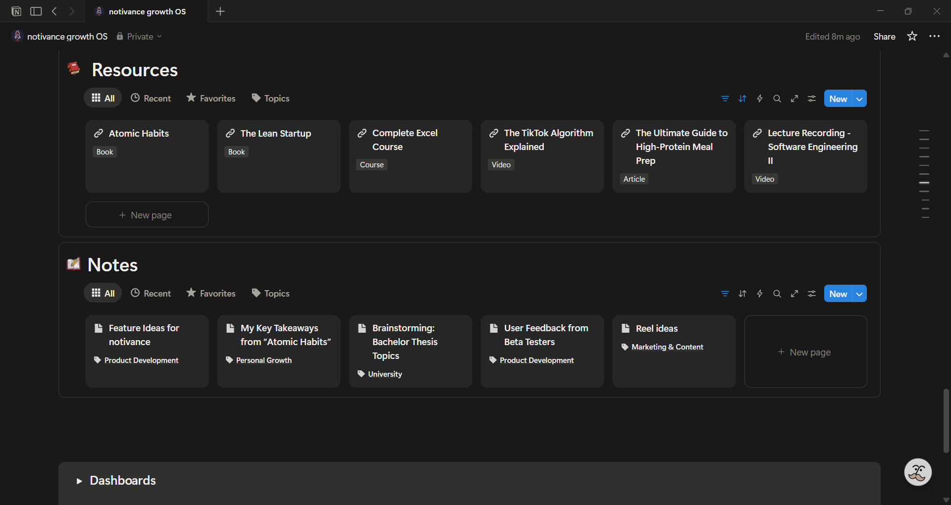 The 'notivance' second brain, with separate galleries for 'Resources' and 'Notes'.